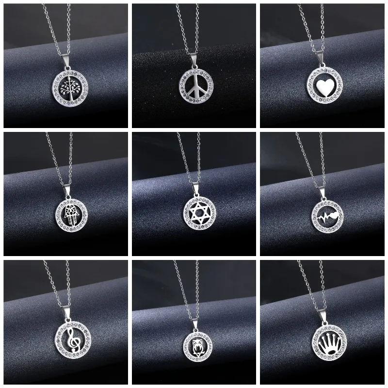

50pcs/lot Women Stainless Steel Silver Color Rhinestones Round Heart Star Pendant Chain Necklace Fashion Jewelry Gift Wholesale