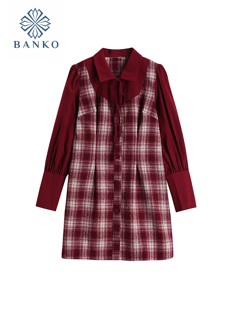 wi w nowym stylu klasyczna szachownica czerwone sukienki kratę kobiety 2023 letni kołnierzyk z klapami Patchwork sukienka trapezowa Slim Y2K Ins