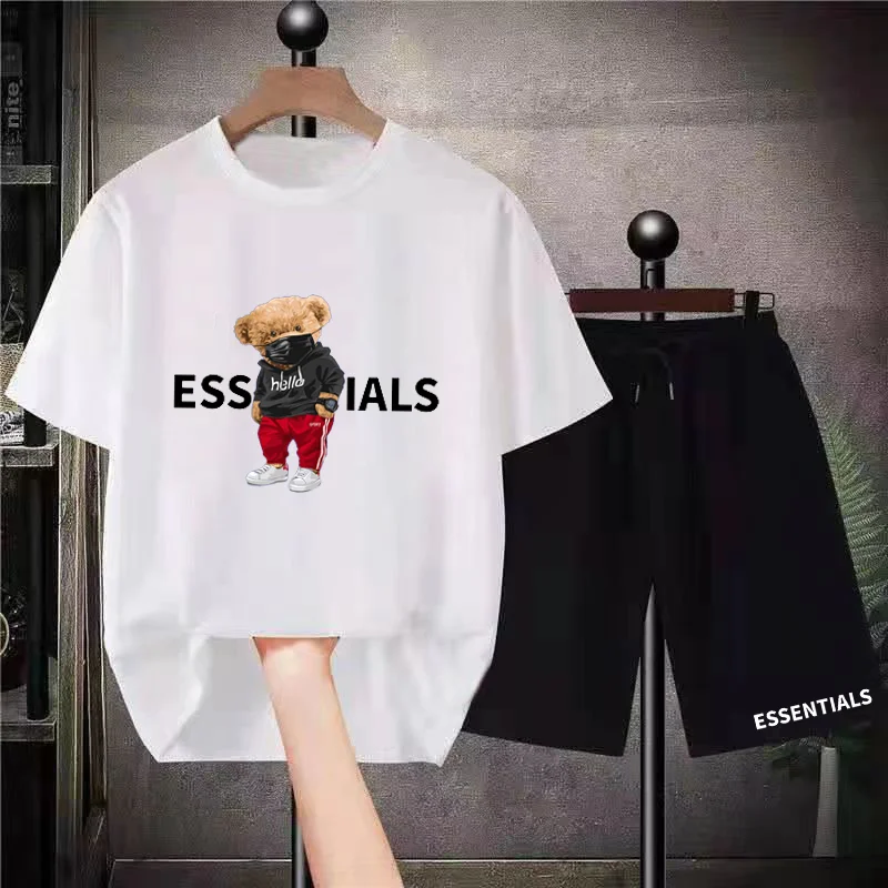

Essential Shorts Set Bear TShirt Suit Man Oversized Clothing Summer Tracksuit Casual Streetwear Korea Style Cotton Luxury Outfit