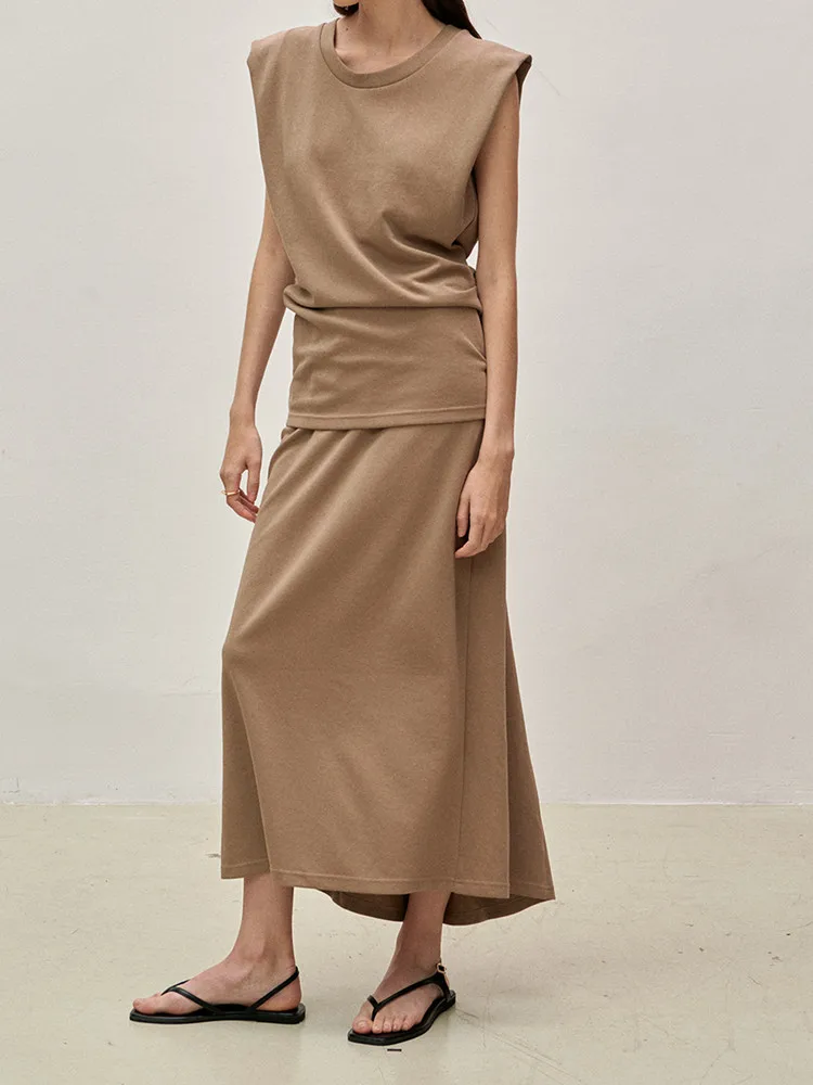 

Solid Color Set Women 2023 Summer Sleeveless Pleated O-Neck Vest or Irregular High Waist Midi Skirt Ladies Casual Suit
