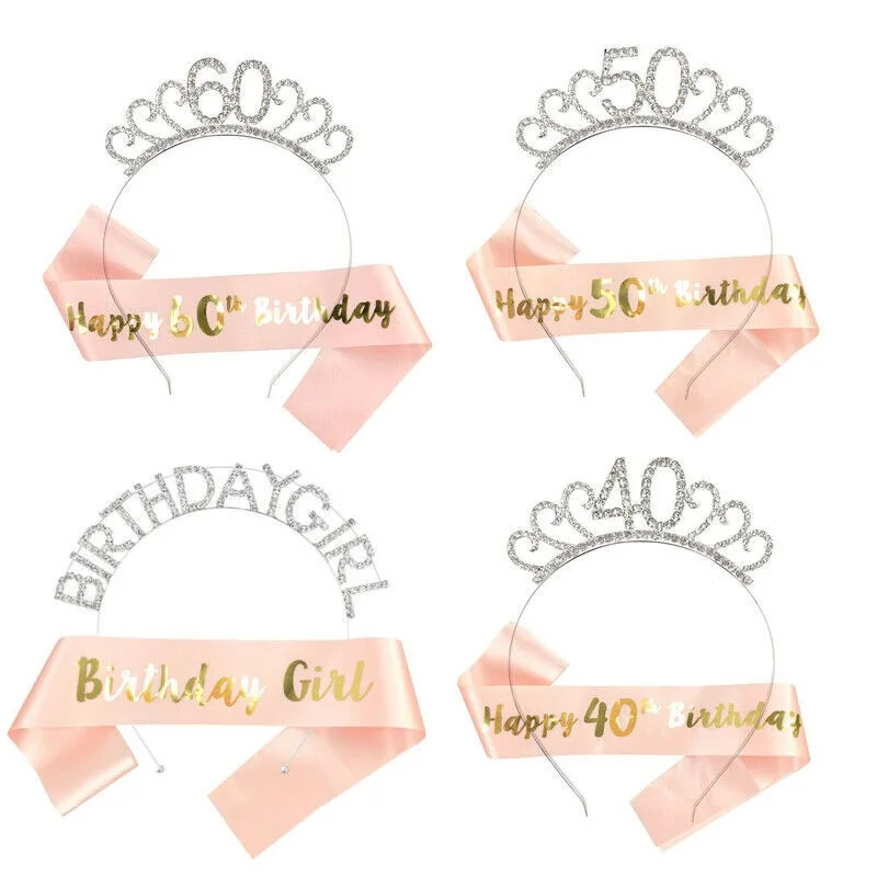 

Rose Gold Rhinestone Headband Birthday Tiara Girl Women Party Gift Crown Sash