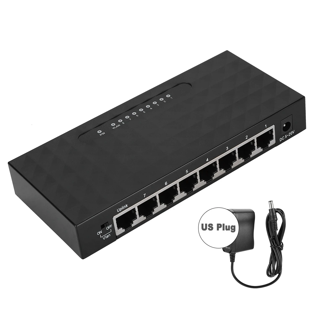 

Высокопроизводительный сетевой хаб VLAN С 8 портами, настольный коммутатор Gigabit Ethernet 100-240 В, черная сетевая сеть США