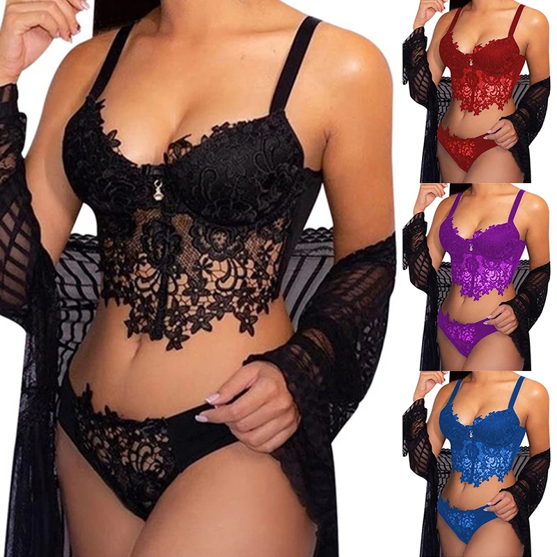 

Women Sexy Lingerie Set Lace Breathable Erotic Underwear Suit Female Lingerie Lace Bra Briefs Set Hollow Out G-String Bra Set