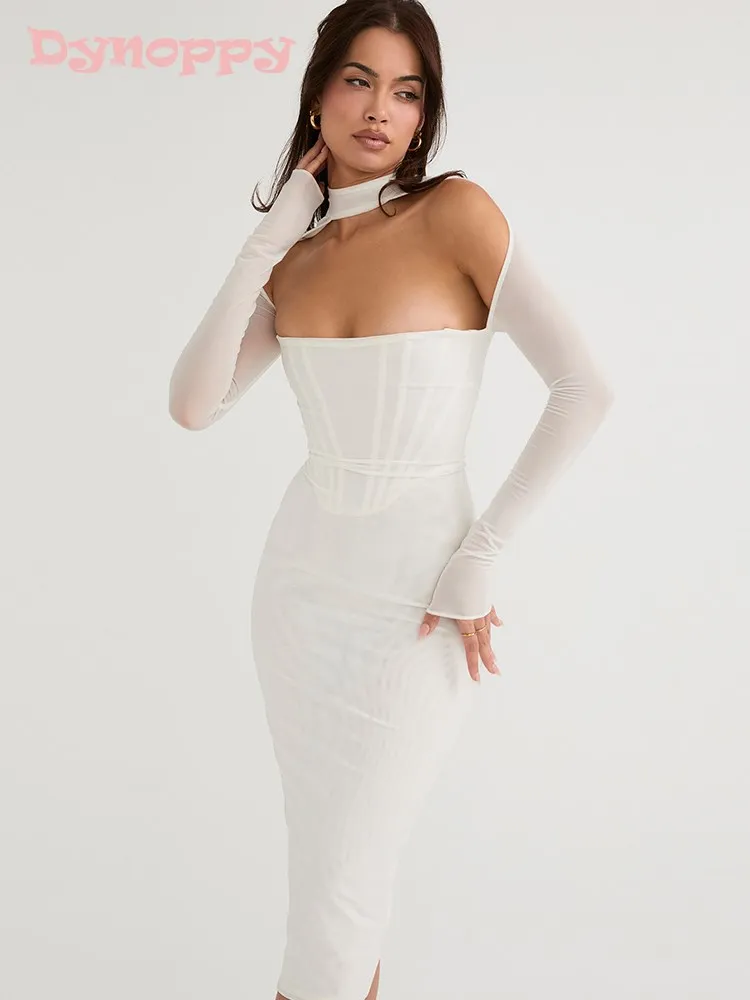 

Dynoppy Summer Dresses Woman 2022 Celebrity Party Clothing White Dress Sexy Slim Mesh Long Sleeve Elegant Bodycon Corset Dress