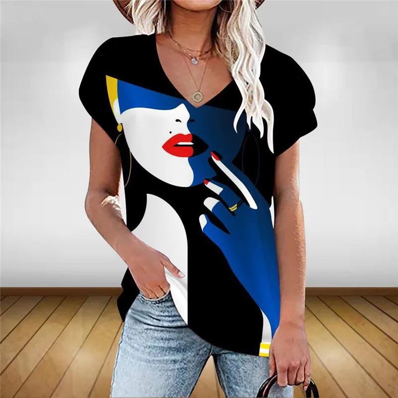 

Женские винтажные футболки с абстрактным изображением лица, летняя женская футболка с коротким рукавом и 3d принтом в уличном стиле, Свободн...