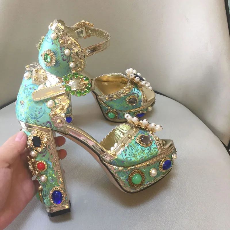 Women's Platform Pearl Retro Sandals Rough Square Heel Rhinestone Baroque Sandals 14cm High Heels Large Size 34-43 Footwear