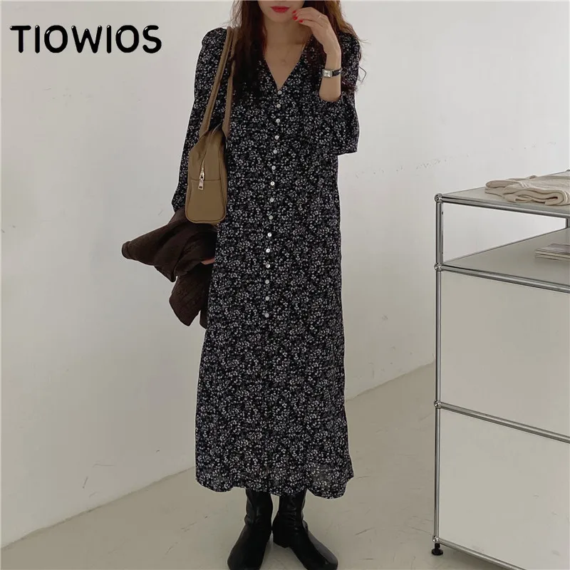 

TIOWIOS 2022 Woman Vintage Floral V-neck Long Sleeve Dress