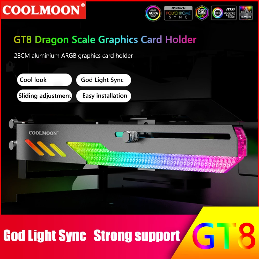 

Горизонтальная подставка для видеокарты COOLMOON GT8, держатель для графического процессора, яркий держатель для графического процессора, 5 В, дл...