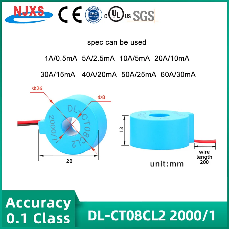 

NJXSE DL-CT08CL2 1000/1 2000/1 трансформатор тока AC 1A 5A 10A 20A 30A 50A 60A микро прецизионный тороидальный трансформатор тока