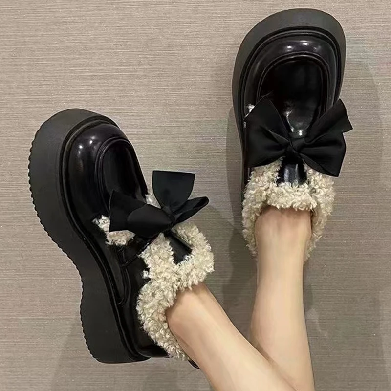 

Женские туфли с бантом-бабочкой, Зимние Туфли Мэри Джейн на массивной платформе и среднем каблуке, 2022