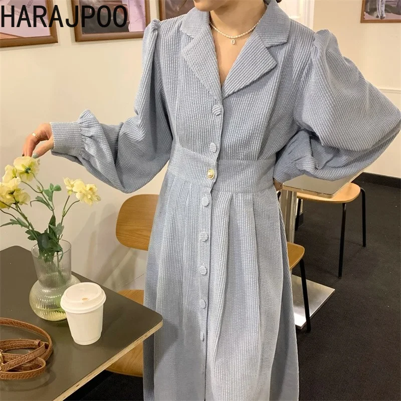 

Harajpoo Clothing Women Pink Notched Corduroy Single Breasted Solid 2022 New Spring Autumn High Waist Vintage A Line Long Dress