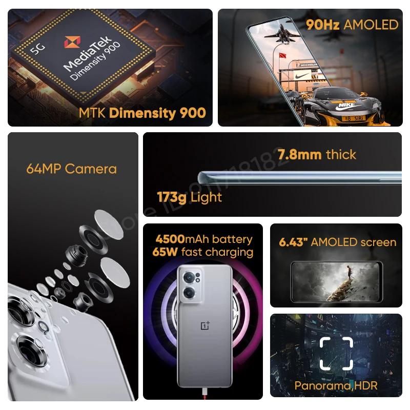 oneplus nord ce2 5g smartphone 8gb 128gb mediatek dimensity 900 6 43 90hz fluid amoled 64mp camera 4500mah 65w fast charge nfc free global shipping