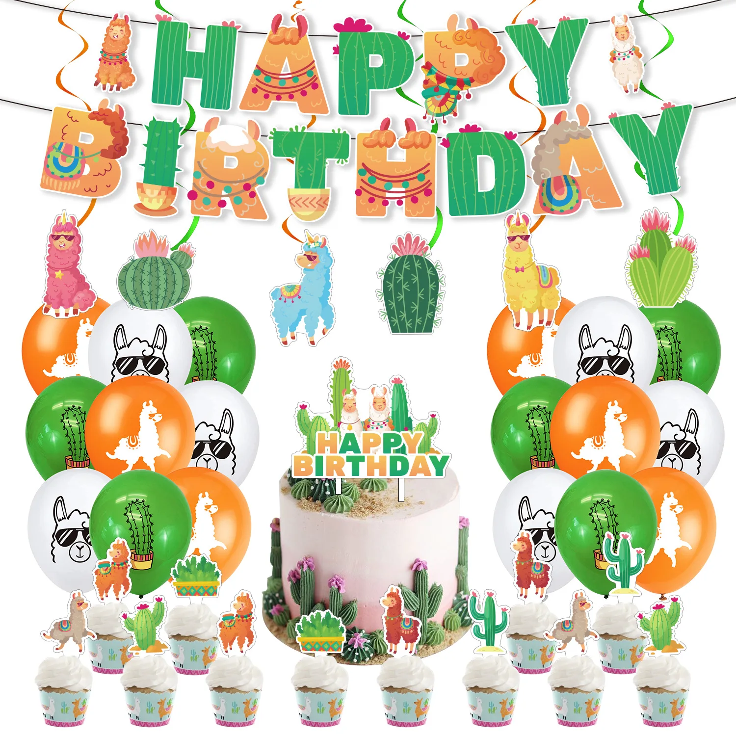 

Sursurprise Cartoon Alpaca Cactus Theme Birthday Party Decoration Balloons Happy Birthday Banner Hanging Swirls Cake Topper Set
