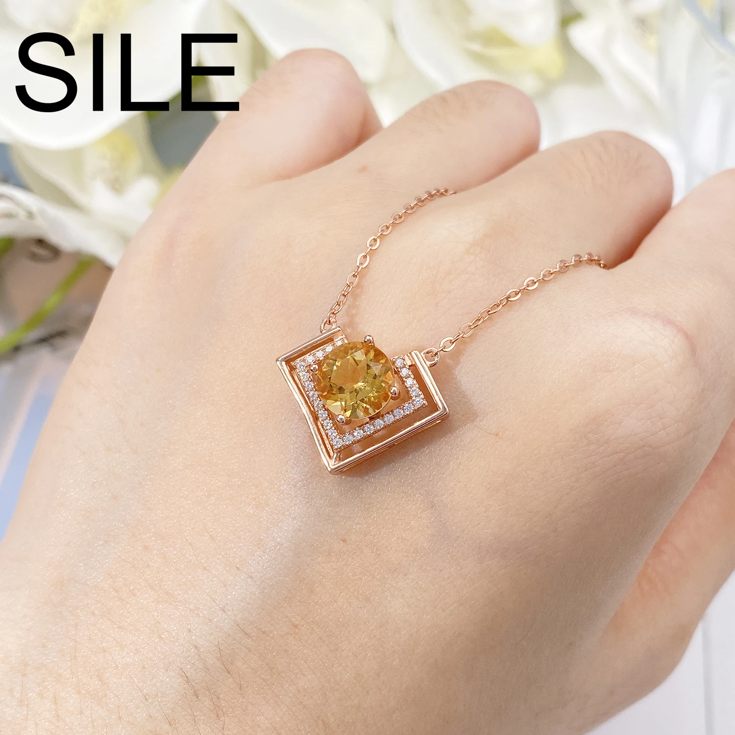 

SILE Brand New Geometric Heart Pendants Clavicle Chain 925 Sterling Silver Natural Round Citrine Gemstone Necklaces Fine Jewelry
