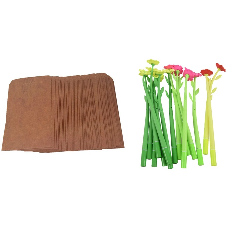 

50Pcs Retro Style Kraft Paper Envelops Postcard Invitation Brown & 15Pcs 0.38mm Flower Shape Gel Pen