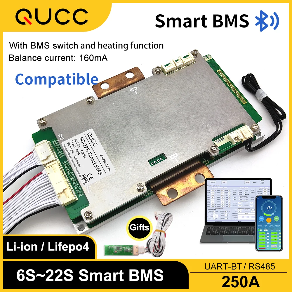 

Qucc 6S 7S 8S 10S 12S 13S 14S 15S 16S 17S 20S 21S 22S Lithium Battery 24V 36V 48V 60V Smart BMS 250A With Balance SW Heating BT