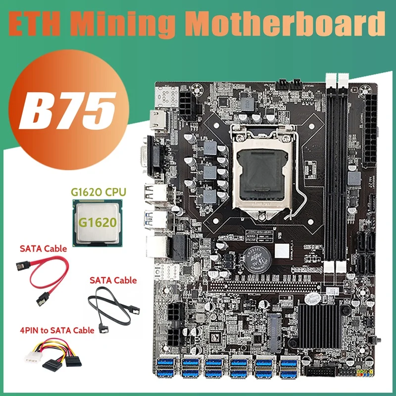 

HOT-B75 12USB ETH Mining Motherboard+G1620 CPU+2XSATA Cable+4PIN To SATA Cable 12USB3.0 B75 USB ETH Miner Motherboard