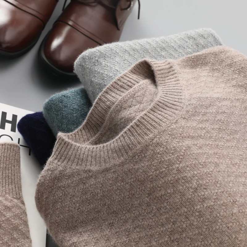 Men's 100% pure wool cashmere sweater round neck fashion knitted pullover autumn and winter casual thick