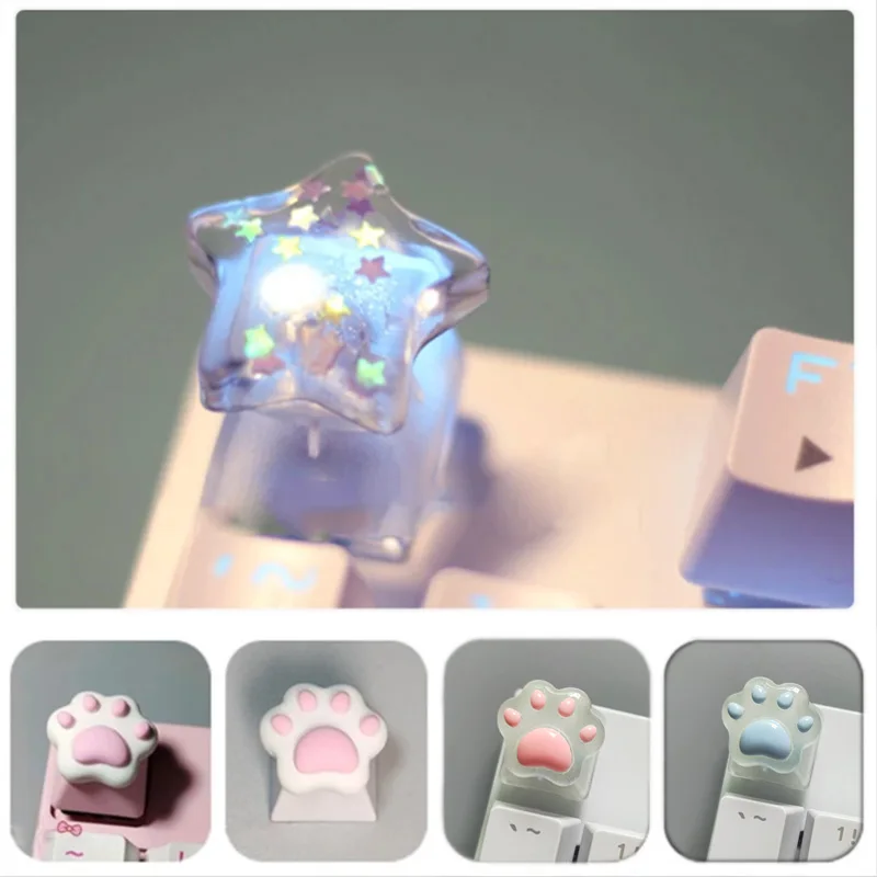 Handmade Transparent Star Keycaps Personality Cat Paw Translucent ESC Backlit Keycap R4 Height For Mechanical Keyboard MX Switch