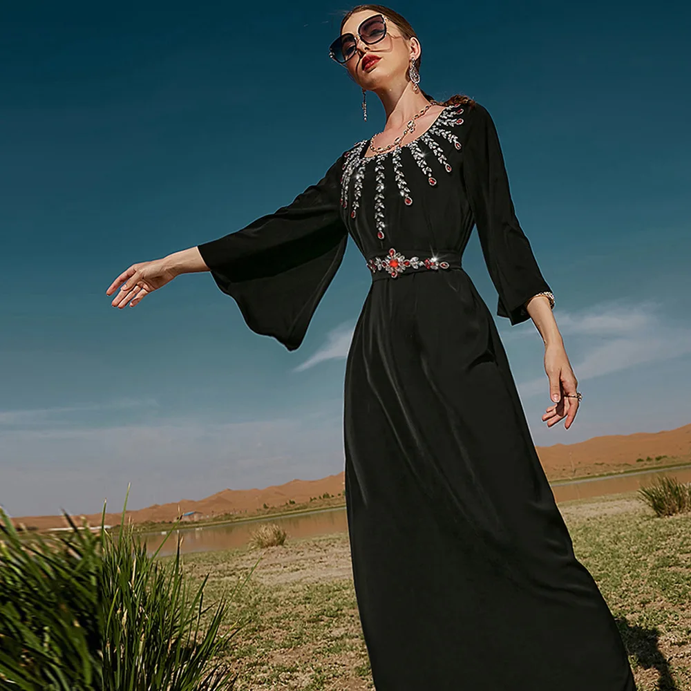 

Middle Eastern Arabian Black Hand Stitched Full Diamond Belted Dress