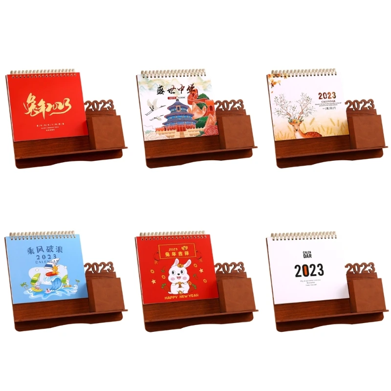 

Desk Calendar with to-do List Daily Plan Wooden Base Desk Calendar Pen Holder