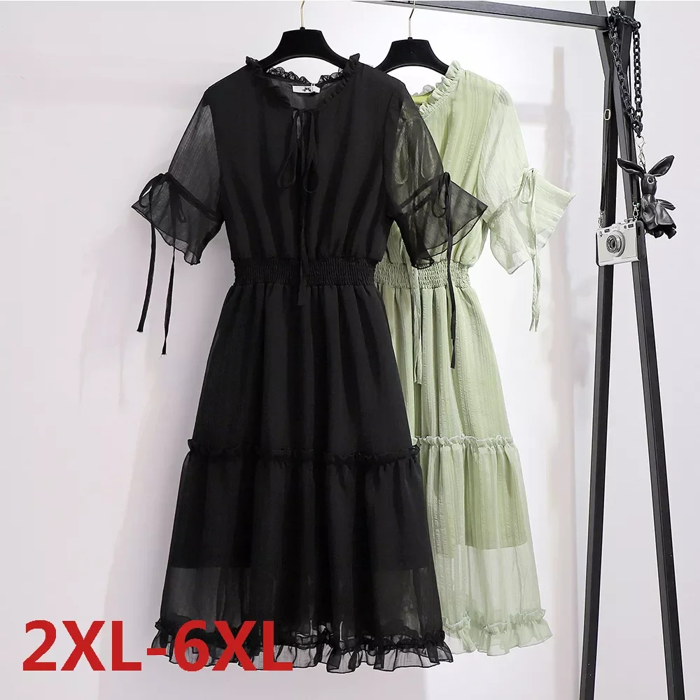 

Dress Women Summer Large Size Short Sleeve Solid Wood Ear Cufft Long Plus Size Fat MM Women Chiffon Clothing Dress