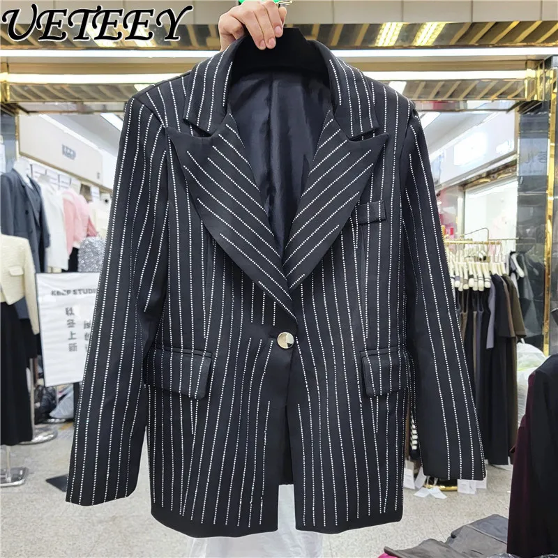 

European Station Autumn New Design Socialite Heavy Industry Vertical Stripes Rhinestone Suit Jacket Female Fashion Black Coat