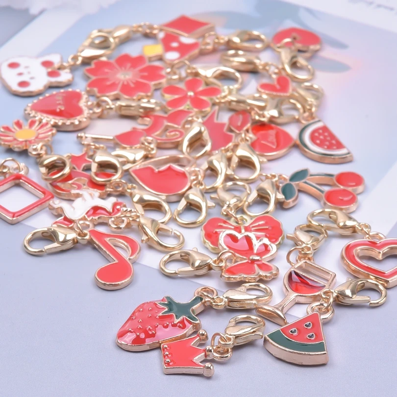 

Gold Color Red Enamel Charm Fruit Watermelon Strawberry Metal Pendants With Lobster Clasps DIY Jewelry Making Supplies Material