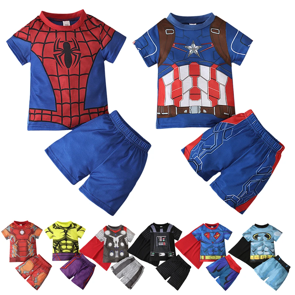 

Summer Baby Boys Super Hero Suits 1-6 Years Child Homewear Spider Print Tops And Shorts Sets Kids Iron Man Pajamas With Cloak