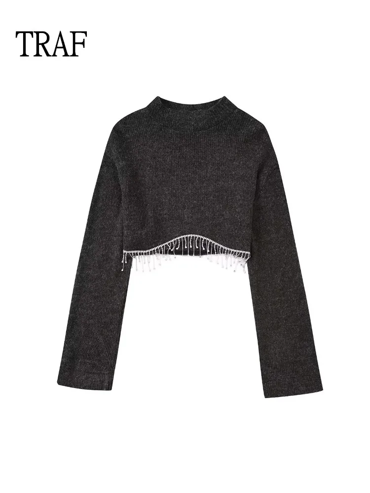 

TRAF Women Knit Pullover 2022 Y2k Fashion Rhinestone Tassel Crop Top Woman Sweater Long Sleeve Short Sweaters Chic Top Streetwer