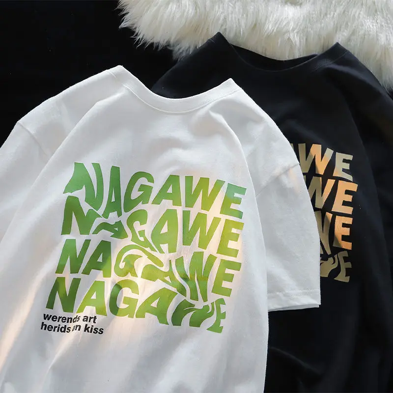 

Streetwear Brand Wave Shaped Letter Graphic T Shirts Korean Fashion Loose Cotton Summer Tops Short Sleeve Casual Couples Clothes