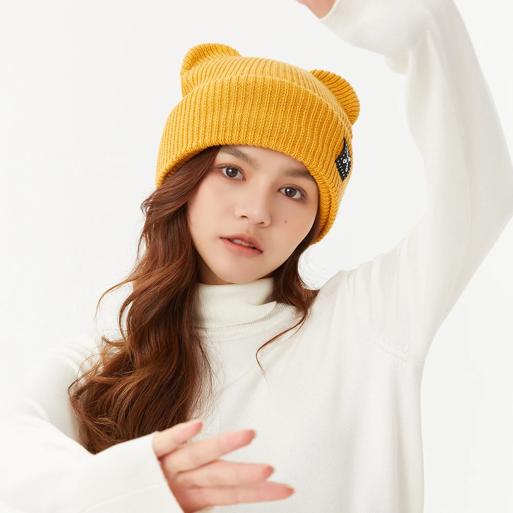 OhSunny Warm Wool Knitted Hat Winter Ski Hat Women Foldable Knitted Hat Dual-purpose Bear Ear Hat Bonnets for Women Beanie