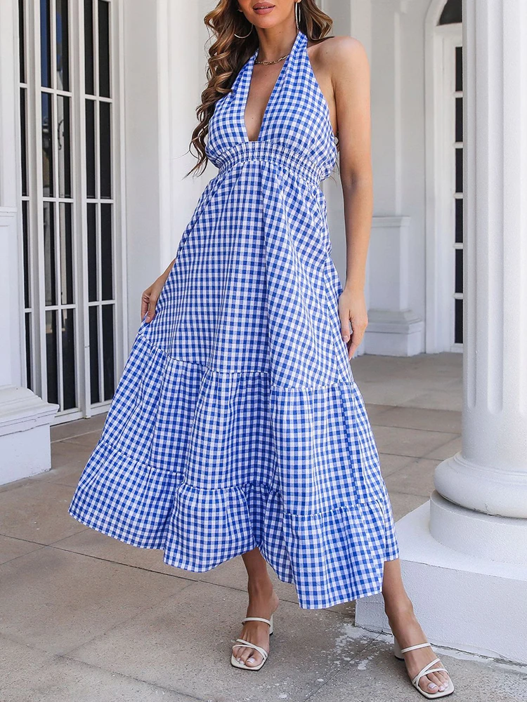 

Sexy Halter Neck Sleeveless Backless Deep V Dress Ladies Fashion Bohemian Plaid Holiday Dress Women Casual Ruffle Big Hem Dress