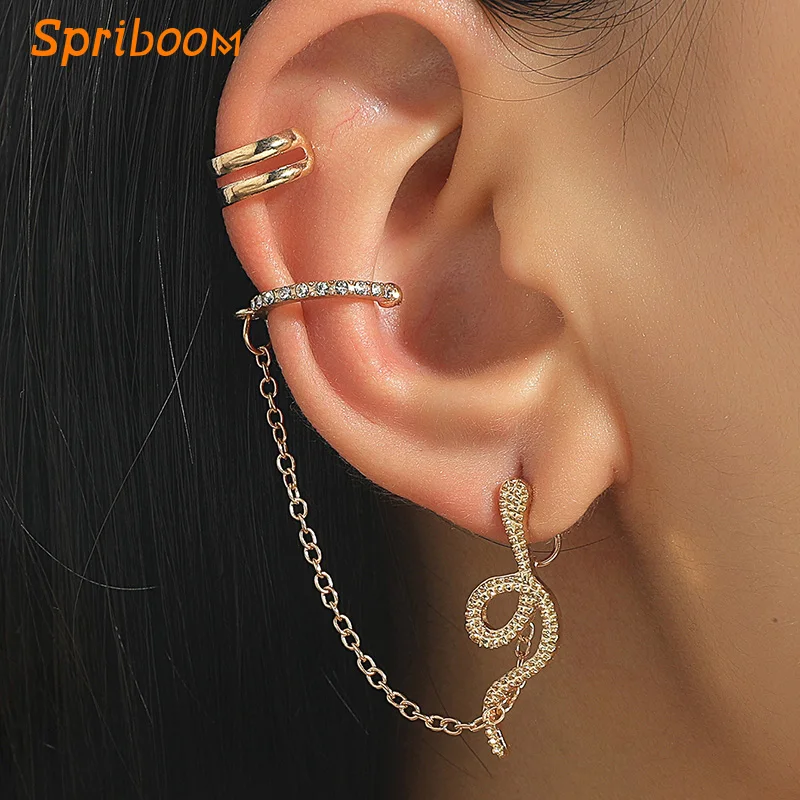 

2 Pcs/set Snake Cuff Earrings for Women Simple Clip On The Earring Long Chain Metal Zircon Earcuffs Vintage punk Animal Jewelry