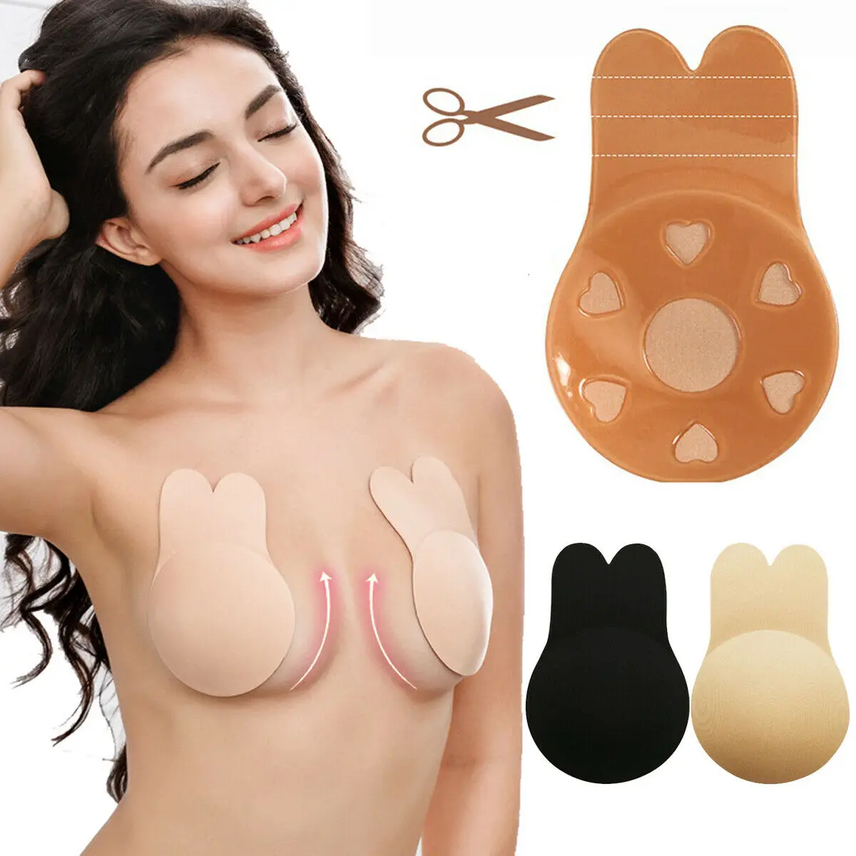 

A Pair Invisible Breast Bunny Bras Reusable Silicone Push-up Sticker Nipple Cover Strapless Front Buckle Lift Bra Boob Pads