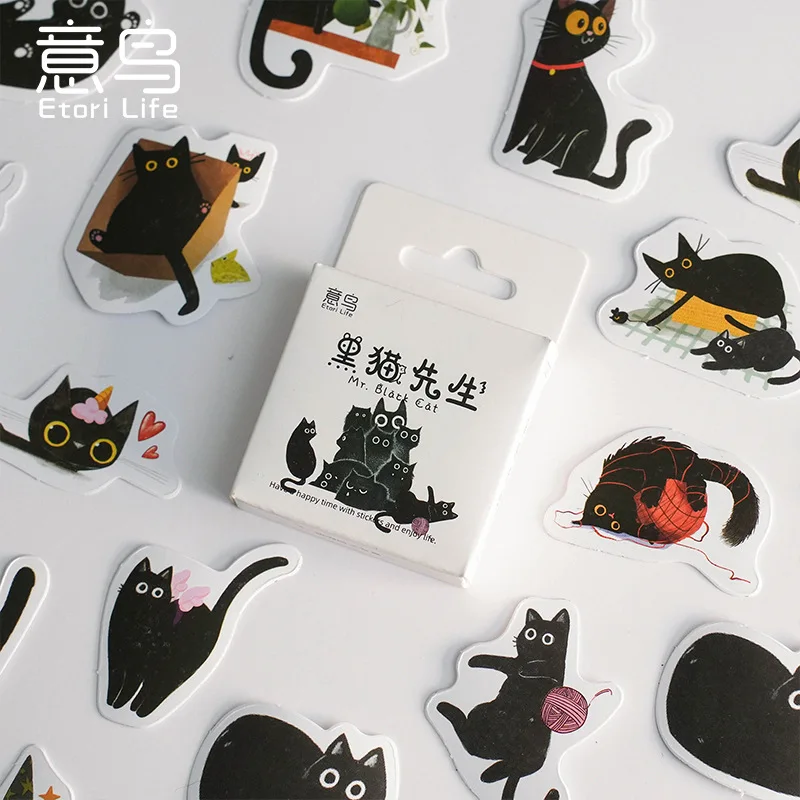 

46pcs/pack Box Stickers Mr. Black Cat Self-adhesive Stickers Hand Account Photo Album Items Decoration Diy Student Stationery