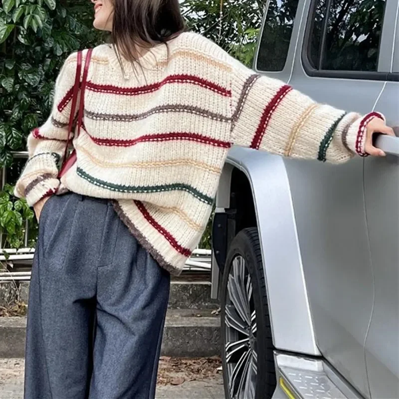 Женский мягкий теплый свитер в полоску винтажный Вязаный топ с коротким рукавом