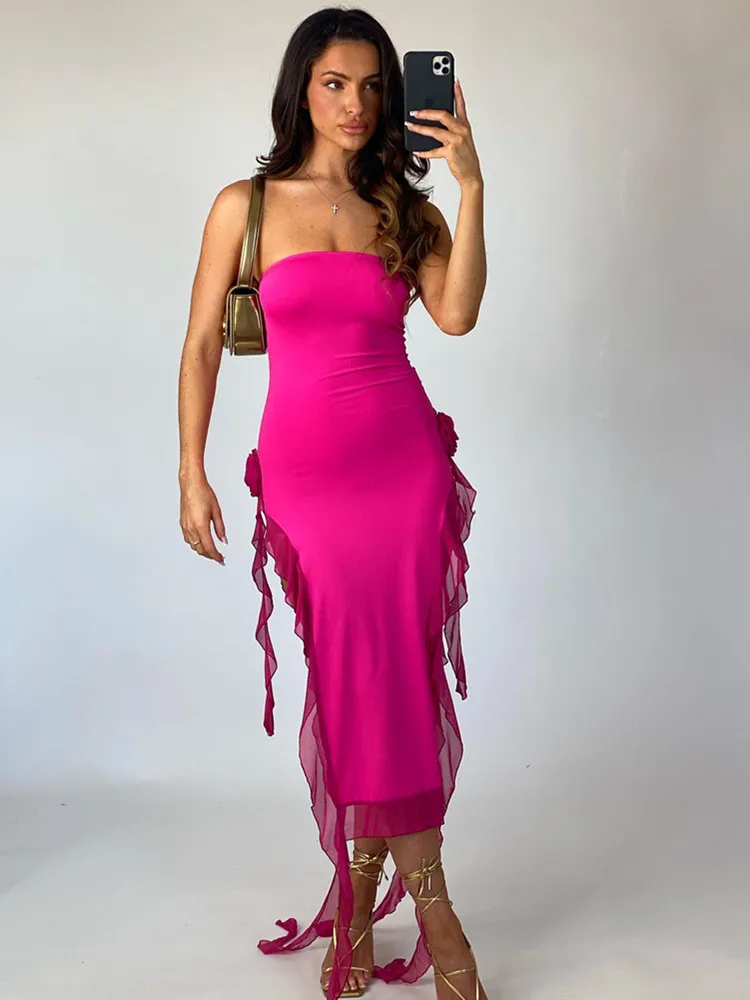 

Women Summer Sexy Strapless Backless Hot Pink Black Mesh Flower Midi Bodycon Bandage Dress 2023 Elegant Evening Club Party Dress