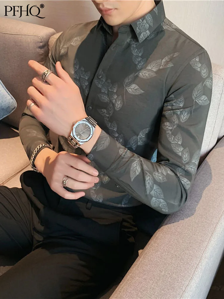 

PFHQ 2022 Autumn Men's Printing Long Sleeve Shirt Fashion Elegant British Slim Fit Luxury Black Business Casual Clothes 21Q1168