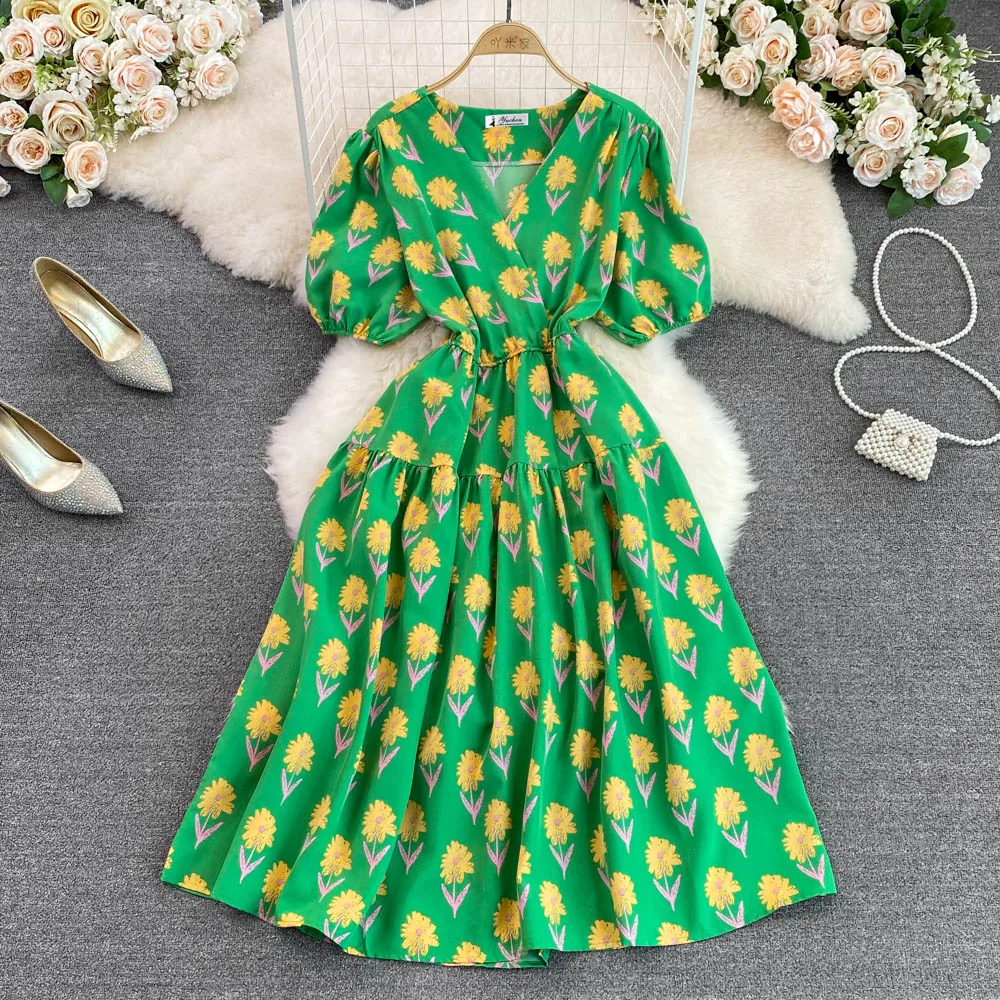 

New Summer Dress for Women Korean Fashion V-neck Puff Sleeves Waist A-line Large Swing Floral Dress Elegant Long Dresses