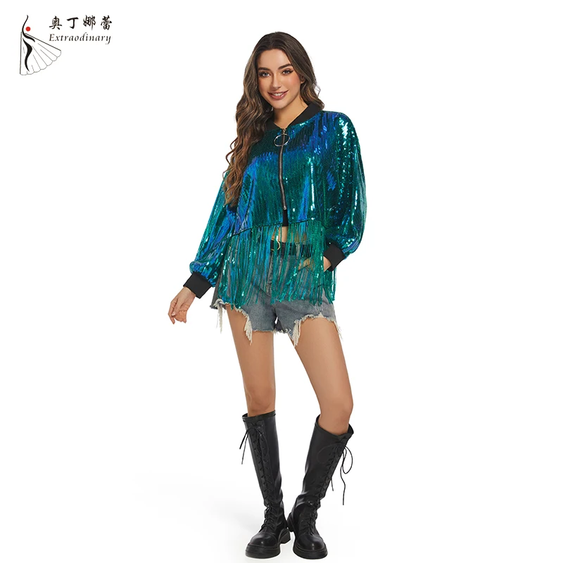 Женские куртки с кисточками и блестками длинным рукавом молнией спереди