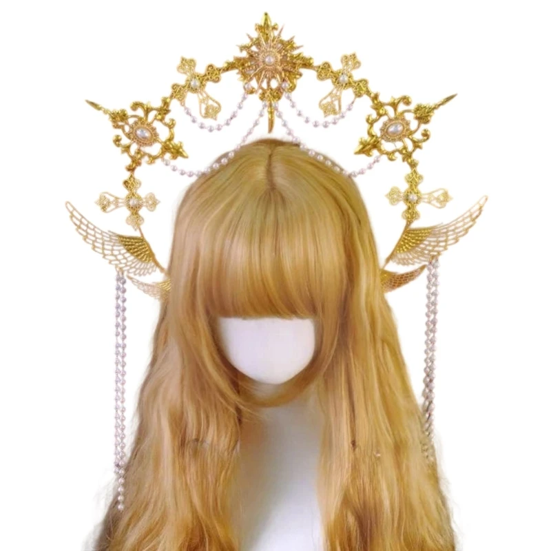Фото Y3NE Angel Halos Crowns Marys Goddesses повязка на голову золотые диадемы Короны Лолита Косплей Хэллоуин Костюм Головной убор №2