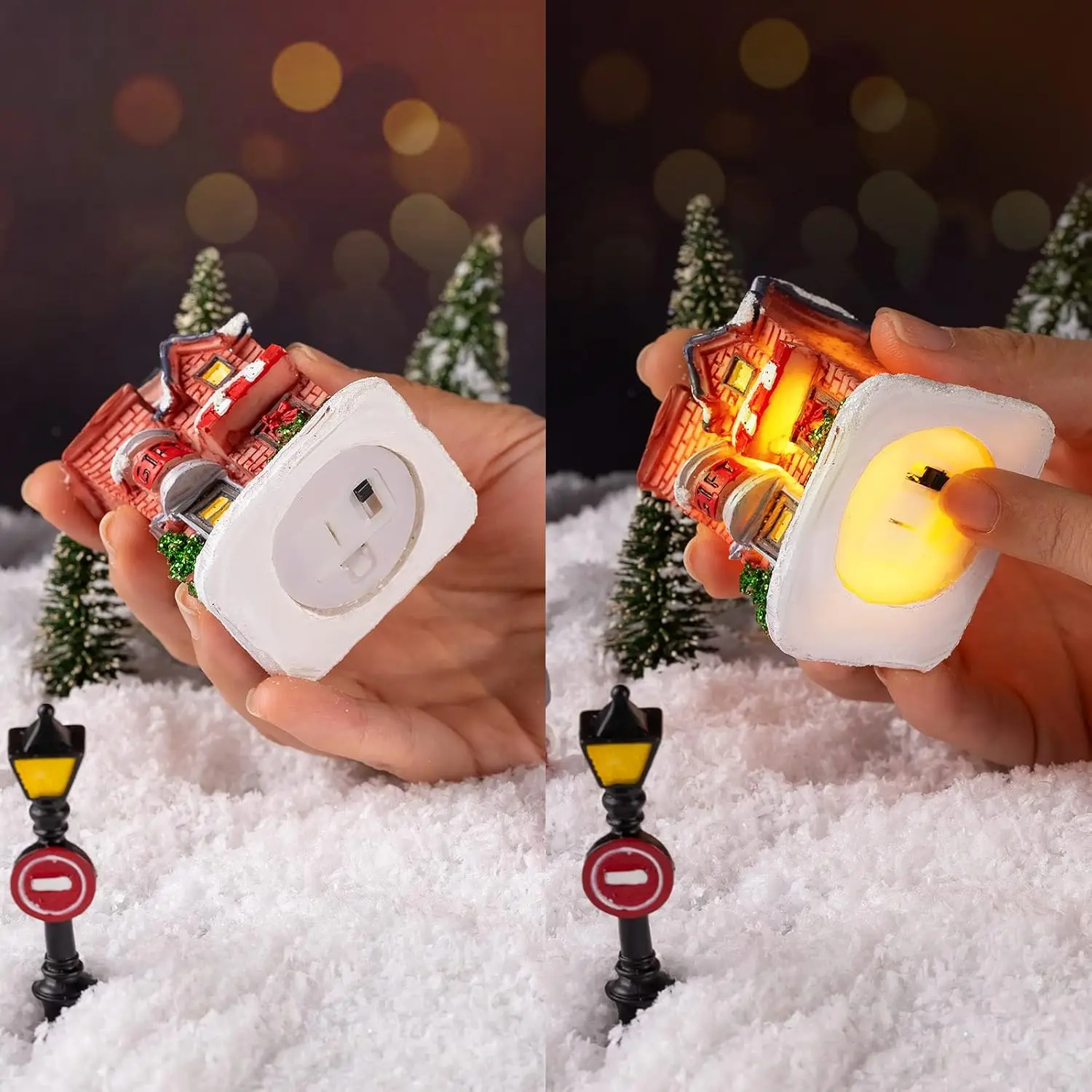 Фото Новогодний декор: Домики-фигурки для деревеньок с LED-подсветкой, коллекционные статуэтки, снежное покрытие, украшение для рабочего стола, сцена городка, подарок на Рождество и Новый год №3
