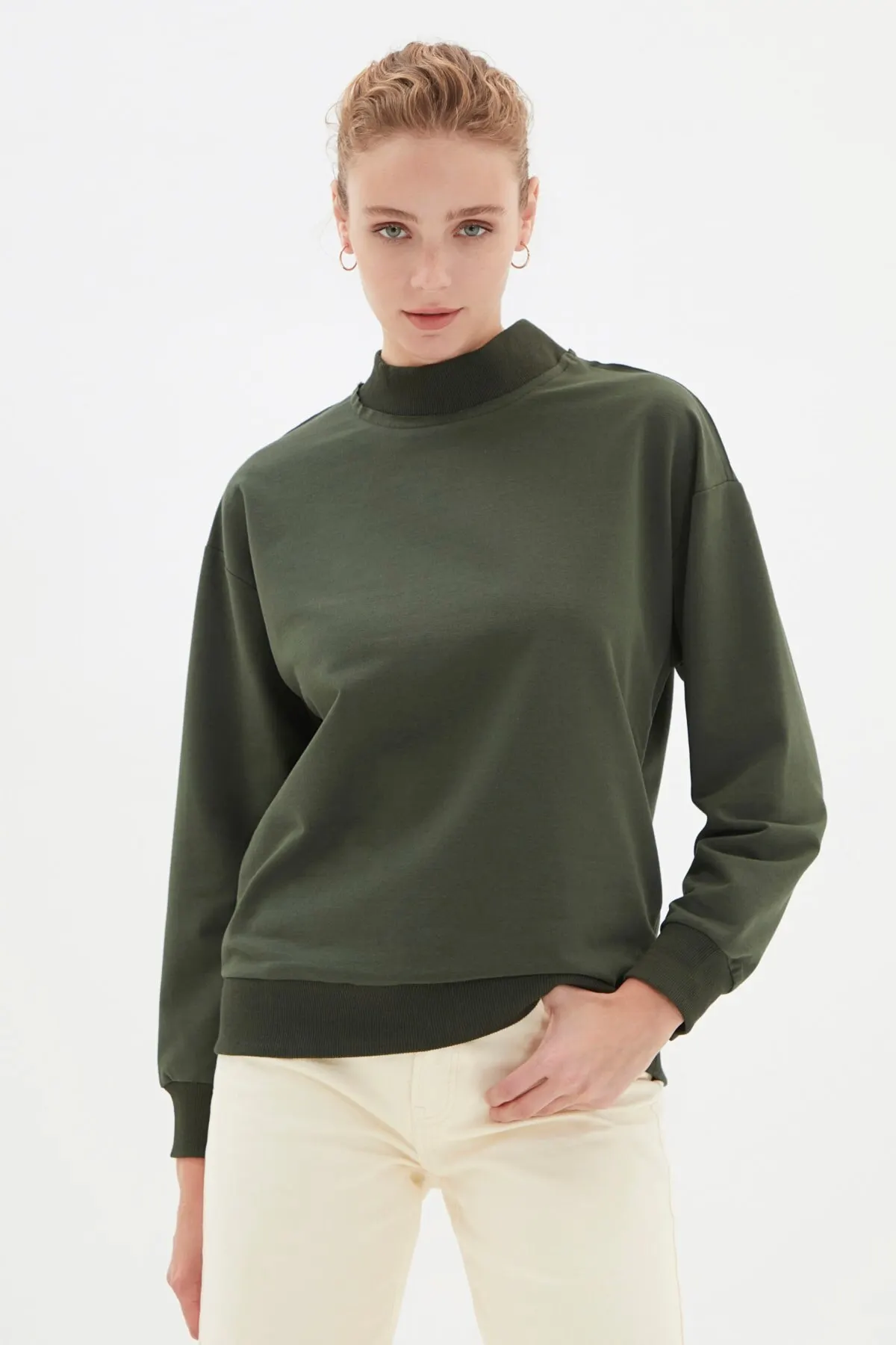 

Женский свитшот цвета хаки, свободные вязаные толстовки с высоким воротником, модные всесезонные новые дизайнерские пуловеры, флисовые тол...