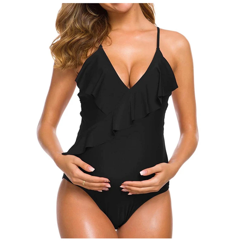 

Pregnant Woman Sexy Swimsuit Maternity Solid Backless Bikinis Falbala Ruffle Beachwear New Summer Women One-piece Swimming Suit