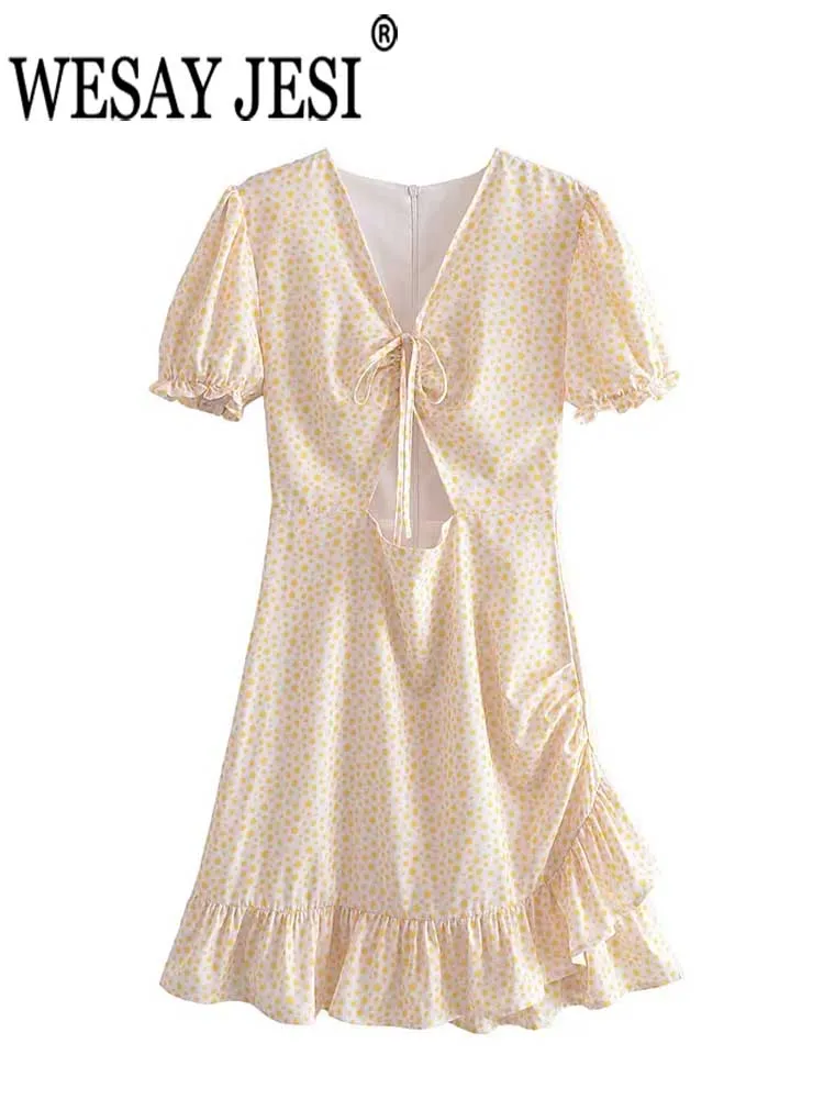 

WESAY JESI Elegant Women Dress Yellow Polka Dot V-neck Puff Short Sleeves Fashion Lace Up Hole Sexy Slim Folds Ruffle Hem Summer