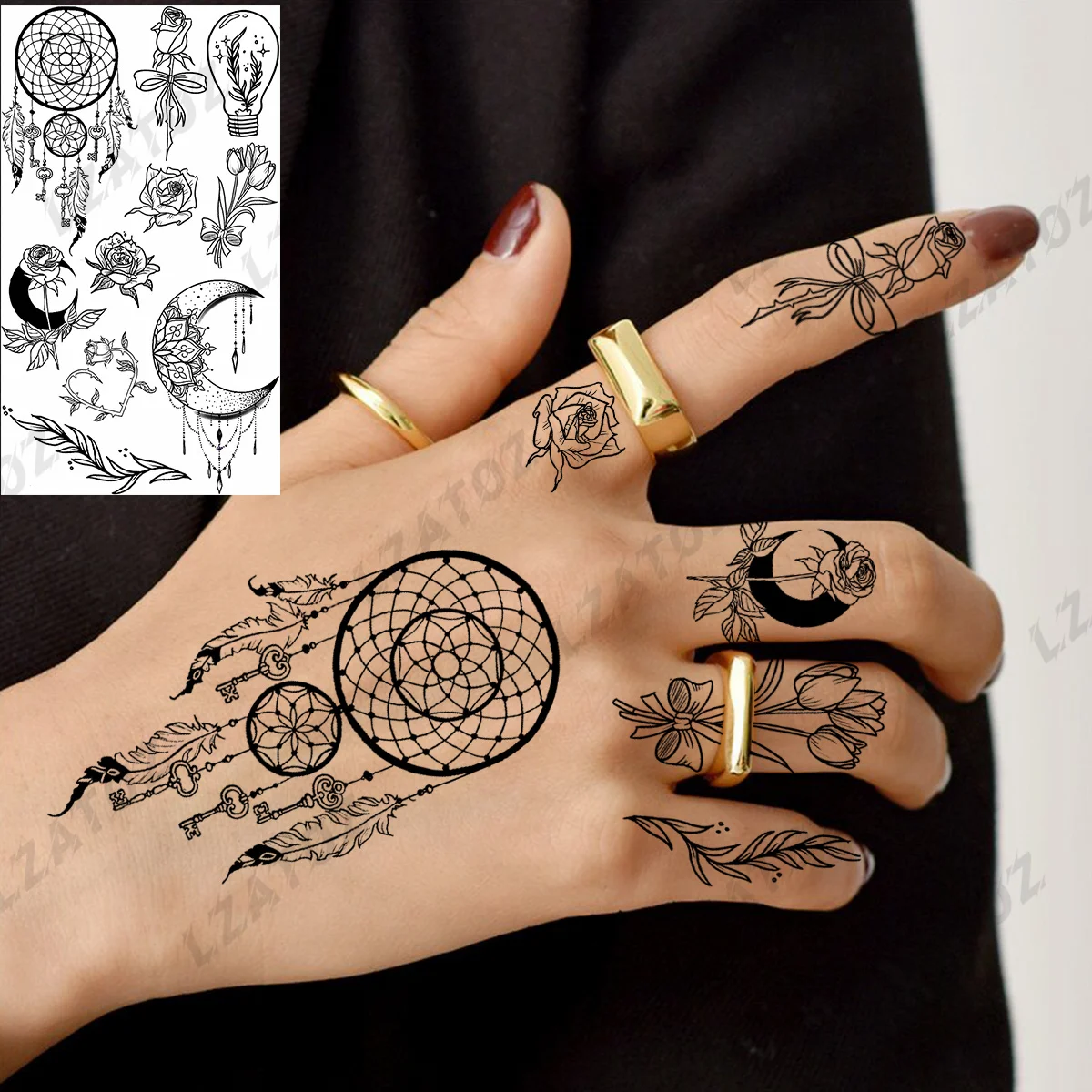 

Black Dreamcatcher Temporary Tattoos For Woman Adults Realistic Rose Tulip Flower Fake Tatoos Finger Small Tattoo Sticker