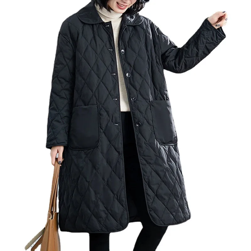 Down Padded Jacket Women's Winter New Large Size Padded Jacket Fat Mm Loose and Thin Rhombus Temperament Mid-length Coat Women