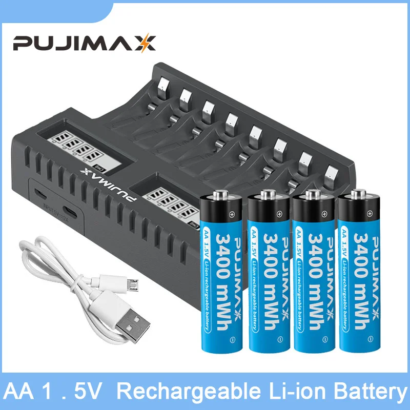 

PUJIMAX 100% Original AA Battery 1.5V 3400mWh Rechargeable Lithium-ion Battery With 8-slot Smart Battery Charger For Alarm Clock