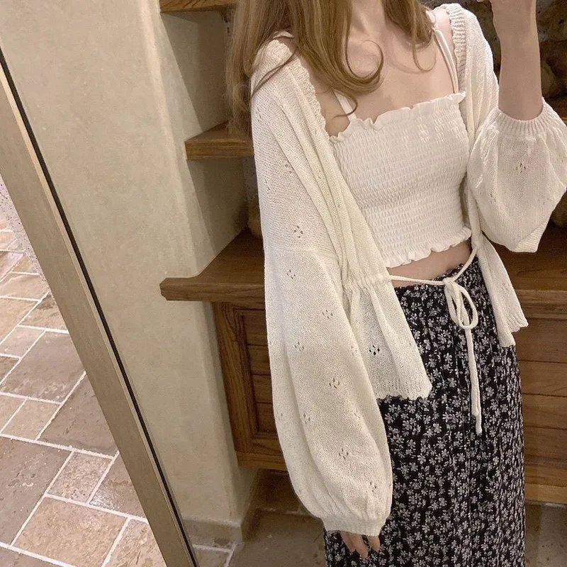 

Женский кружевной кардиган в стиле ретро, милый Универсальный мягкий однотонный элегантный Свободный Повседневный Кардиган в стиле ольчча...